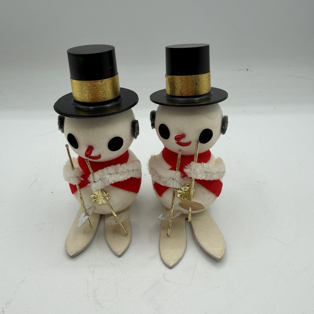Set of 2 Vintage Christmas Flocked Chenille Skiing Snowman Figurines Japan 4"